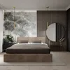 A modern bedroom with a bed, dresser, and vanity with a mirror. Náhled obrázku produktu