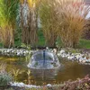 A solar-powered fountain kit is shown in a pond surrounded by tall grasses and rocks. Produktbild-Vorschau