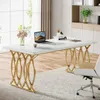 A modern office or study space with a white marble-top desk with gold legs, a laptop, books, and a vase of flowers. Anteprima dell’immagine prodotto