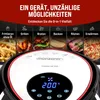 A marketing image for a multi-function air fryer, showcasing various cooking modes with illustrative food images and product details. Produktbild-Vorschau