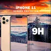 A marketing image for an iPhone 11 screen protector, featuring a gold iPhone and the screen protector with '9H' text. Produktbild-Vorschau