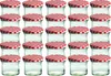 A grid of small glass jars with red and white checkered lids. Voir les images du produit