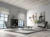 A modern living room with large windows, furniture, and artwork. Produktbild-Vorschau