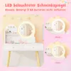 A child's vanity table with a lighted mirror and accessories, shown with different light color options. Podgląd zdjęcia produktu