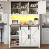 A white kitchen sideboard with sliding barn doors and open shelving, displaying kitchen appliances and decor. Produktbild-Vorschau