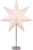 A white, seven-pointed star lamp with small perforations, standing on a silver pole with a circular base. Produktbild-Vorschau