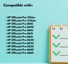 A list of compatible HP OfficeJet Pro printers with checkmarks on a clipboard. Produktbild-Vorschau