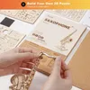 Hands assembling a wooden 3D puzzle of a saxophone, with the instruction booklet visible. Podgląd zdjęcia produktu