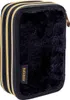 A black fluffy pencil case with gold zippers and a brand tag. Produktbild-Vorschau