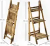 A wooden plant stand with three shelves is shown in two configurations: folded and unfolded, with dimensions indicated. Produktbild-Vorschau