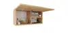 A wooden wall-mounted cabinet with its door open, displaying various items inside. Produktbild-Vorschau
