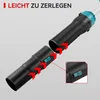 Close-up of two parts of a black tube-like device being connected, with red arrows indicating the direction of connection. A small inset shows a magnified view of a teal button. Produktbild-Vorschau