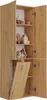 A tall, narrow cabinet with multiple doors and shelves, designed for bathroom storage. It features a wood-grain finish and a built-in laundry basket. Produktbild-Vorschau