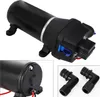 A collage of images showing a black DC 12V diaphragm water pump and two black elbow fittings. Náhled obrázku produktu