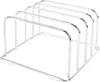 A product shot of a silver metal cutting board organizer with four slots, shown from a diagonal angle on a white background. Produktbild-Vorschau