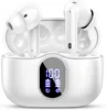 A pair of white wireless earbuds and their charging case are displayed on a white background. The charging case has a digital display showing battery status. Produktbild-Vorschau