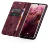 A burgundy flip case for a smartphone is open, showing the phone's screen and the inside of the case with slots for cards and cash. Produktbild-Vorschau
