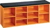 An orange shoe cabinet with a black cushion on top, shown against a white background. Produktbild-Vorschau
