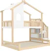 A white and wood-colored bunk bed with a house-like structure and stairs. Anteprima dell’immagine prodotto