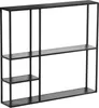 A black metal wall shelf with multiple compartments against a white background. Náhled obrázku produktu