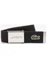 A black fabric belt with a silver buckle and a green Lacoste crocodile logo. Produktbild-Vorschau
