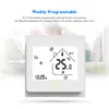 A smart thermostat displayed in front of a blurred background of a bedroom setting with people. Produktbild-Vorschau