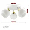 A white ceiling light fixture with three adjustable white glass globe shades and gold accents, shown with measurement indicators. Podgląd zdjęcia produktu