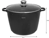A black speckled pot with a glass lid and silver handles and knob, shown against a white background. Dimensions are indicated by measurement lines. Podgląd zdjęcia produktu