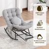A gray corduroy rocking chair with a round pillow is shown on a rug. To the right, there are marketing callouts with icons and text. Produktbild-Vorschau