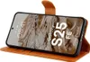 A brown leather flip case for a smartphone, showing the phone screen with the time and date. Produktbild-Vorschau