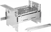 A stainless steel portable grill and tongs on a white background. Produktbild-Vorschau