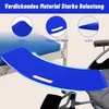A blue transfer board is shown positioned between a hospital bed and a wheelchair, illustrating its use for patient transfers. Inset circles highlight features like smoothness, an elliptical handle, and lightness. Produktbild-Vorschau