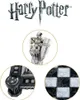 A collage of images showcasing a Harry Potter themed chess set, including the logo, a knight piece, a close-up of the board, and a close-up of the chessboard pattern. Podgląd zdjęcia produktu