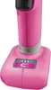 A close-up view of the base and lower handle of a pink cordless drill, showing a battery indicator and a magnetic symbol. Produktbild-Vorschau