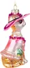 A glass ornament of a cat wearing a hat, sunglasses, dress, and holding a handbag. Produktbild-Vorschau