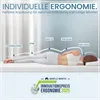 A person lying on their side on a mattress, with labels pointing to different body parts to illustrate ergonomic support. Produktbild-Vorschau