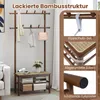 A coat rack with a shoe bench, featuring product details and close-ups of its features. Produktbild-Vorschau