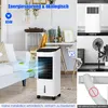 A split image showing a mobile air cooler on the left and comparisons with other appliances on the right, with text overlays highlighting features and energy efficiency. Produktbild-Vorschau