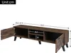 A dark wood grain TV stand with dimensions indicated by measurement lines and numbers. Produktbild-Vorschau