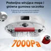 A close-up view of the underside of a white robot vacuum cleaner, showing its rotating mop and brush. Text overlays highlight its features and suction power. Podgląd zdjęcia produktu