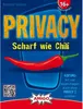 The image is a product shot for a board game titled 'Privacy - Scharf wie Chili'. It features the game's title prominently, along with an illustration of a red chili pepper and some text indicating age restrictions and game features. Produktbild-Vorschau