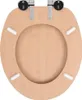 A top-down view of a wooden toilet seat with soft-close hinges. Podgląd zdjęcia produktu
