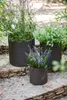 Three planters of varying sizes are arranged on a stone pathway, filled with lush green plants and delicate purple and white flowers. Produktbild-Vorschau