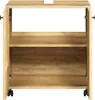 A front view of an open wooden cabinet with two shelves and wheels. Produktbild-Vorschau
