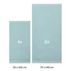 Two light blue towels of different sizes are displayed side-by-side on a white background. The smaller towel on the left has '4x' overlaid on it, and the larger towel on the right has '2x' overlaid. Below the towels, their dimensions are listed: '50 x 100  Produktbild-Vorschau