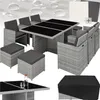 A rattan dining set with chairs, ottomans, and a table, along with a protective cover, displayed against a white background with water droplet graphics. Produktbild-Vorschau