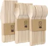 Three bundles of disposable wooden cutlery (knives, forks, and spoons) are neatly arranged side-by-side against a white background. Each bundle is wrapped with a brown paper band featuring a black logo and the text 'H&S'. Anteprima dell’immagine prodotto