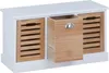A white storage bench with natural wood drawer fronts and slatted doors. Produktbild-Vorschau
