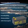A battery is shown in front of a background image of Earth from space, with text listing product features. Voir les images du produit
