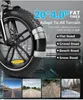 A close-up of an electric bike tire with text overlay describing its features and terrain adaptability. Produktbild-Vorschau